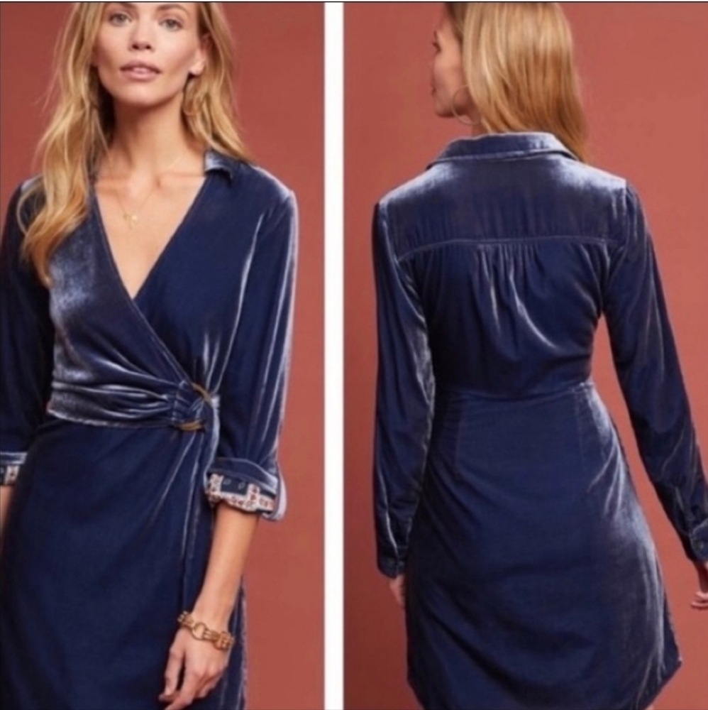 Anthropologie Blue Velvet Shirt Dress